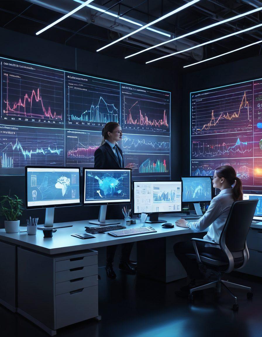 A dynamic, futuristic office with professionals engaging in seamless online activities—collaborating on computers, analyzing graphs, and celebrating targets achieved. Include holographic charts depicting growth and success, with a background showing high-speed internet connectivity through glowing lines. Vibrant colors. super-realistic.